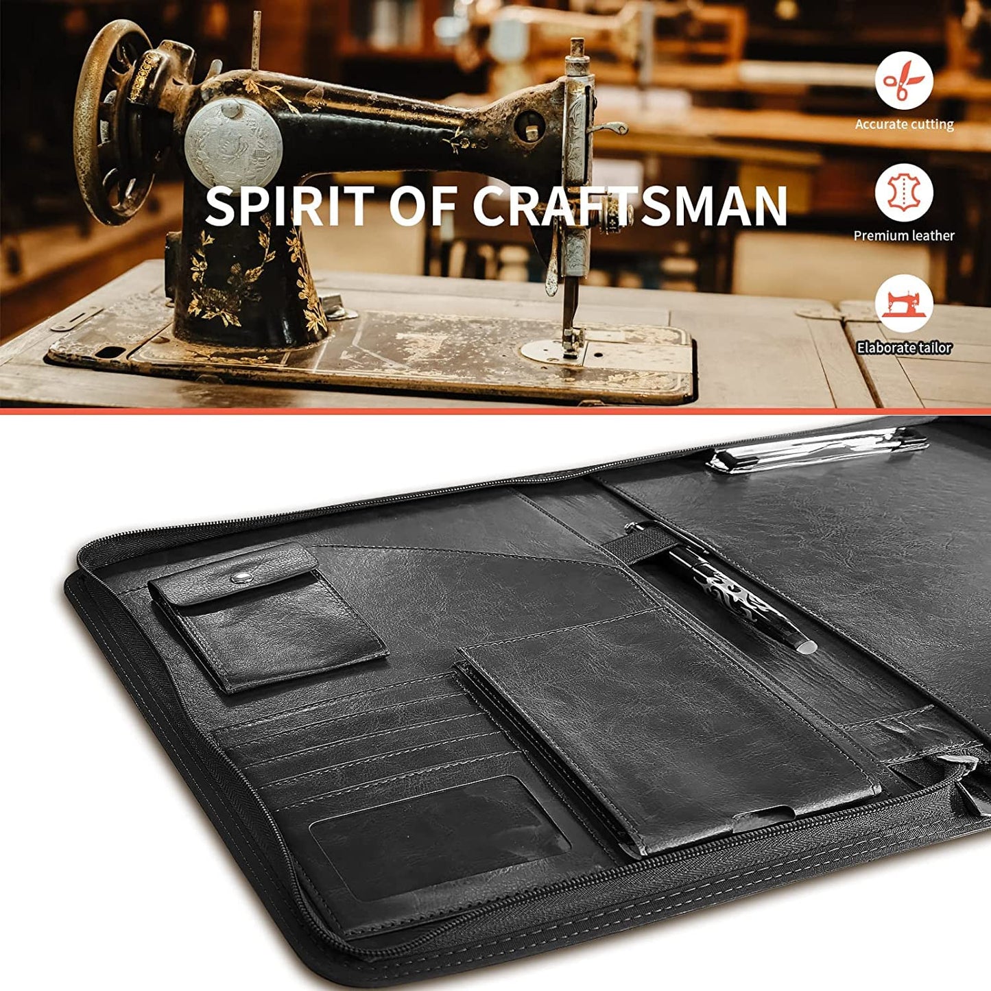 NEWYES NY-A403-BL-EU Konferenzmappe aus Leder, mit Reißverschluss, A4, Reisedokumentenmappe, Portfolio-Reisetasche, persönlicher Agenda-Organizer, 33,5 cm x 25 cm x 3,5 cm, Schwarz-Weiß