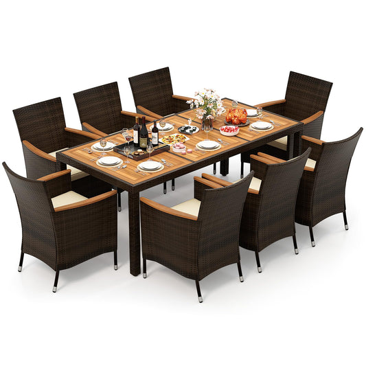 COSTWAY 9 TLG. Rattan Gartenmöbel Set, Sitzgruppe für 8 Personen, Gartentisch mit Tischplatte aus Akazienholz, 8 stapelbare Stühle & Kissen, Terrassenmöbel Set, Sitzgarnitur, Gartengarnitur, Essgruppe