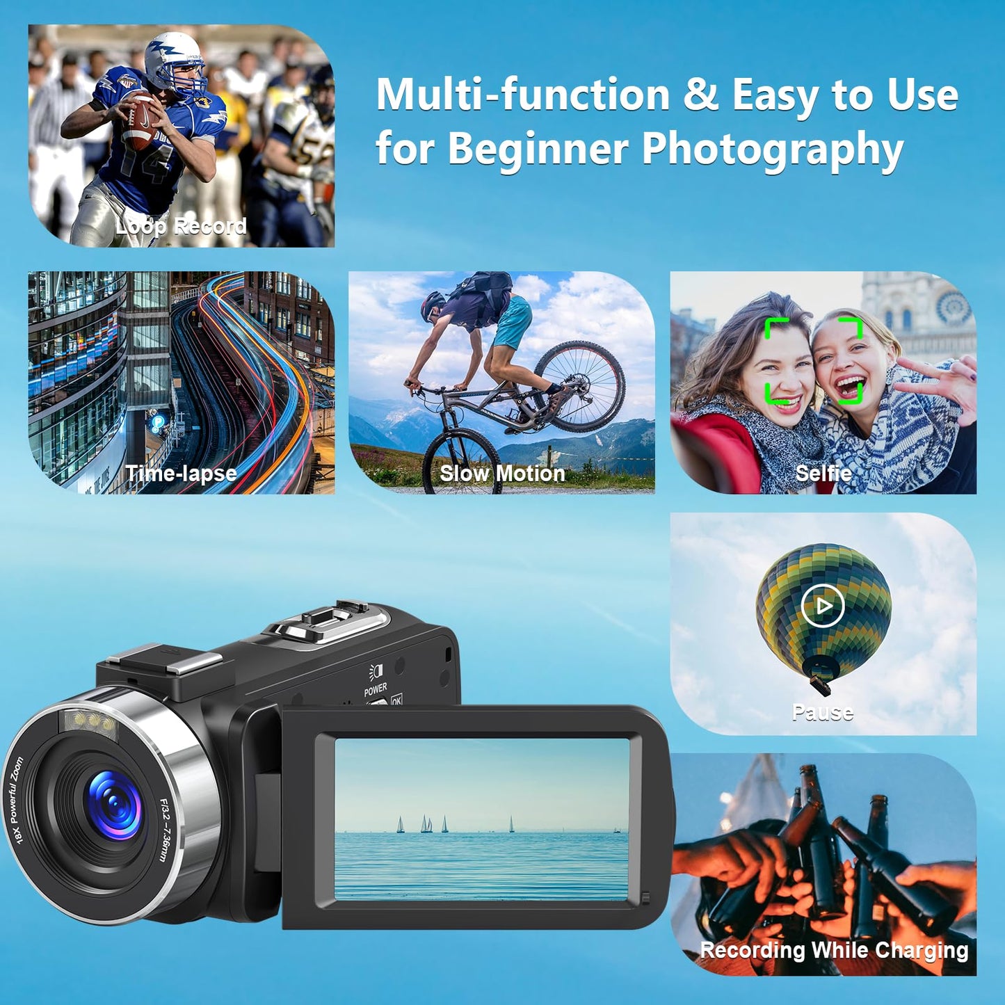 Videokamera 5K HD 64MP WiFi Camcorder für YouTube, 30FPS Webcam IR Nachtsicht Vlogging Kamera, 18X Digitalzoom 3,0 Touchscreen Video Camera mit SD-Karte, 2 Batterien, Fernbedienung, und Stabilisator