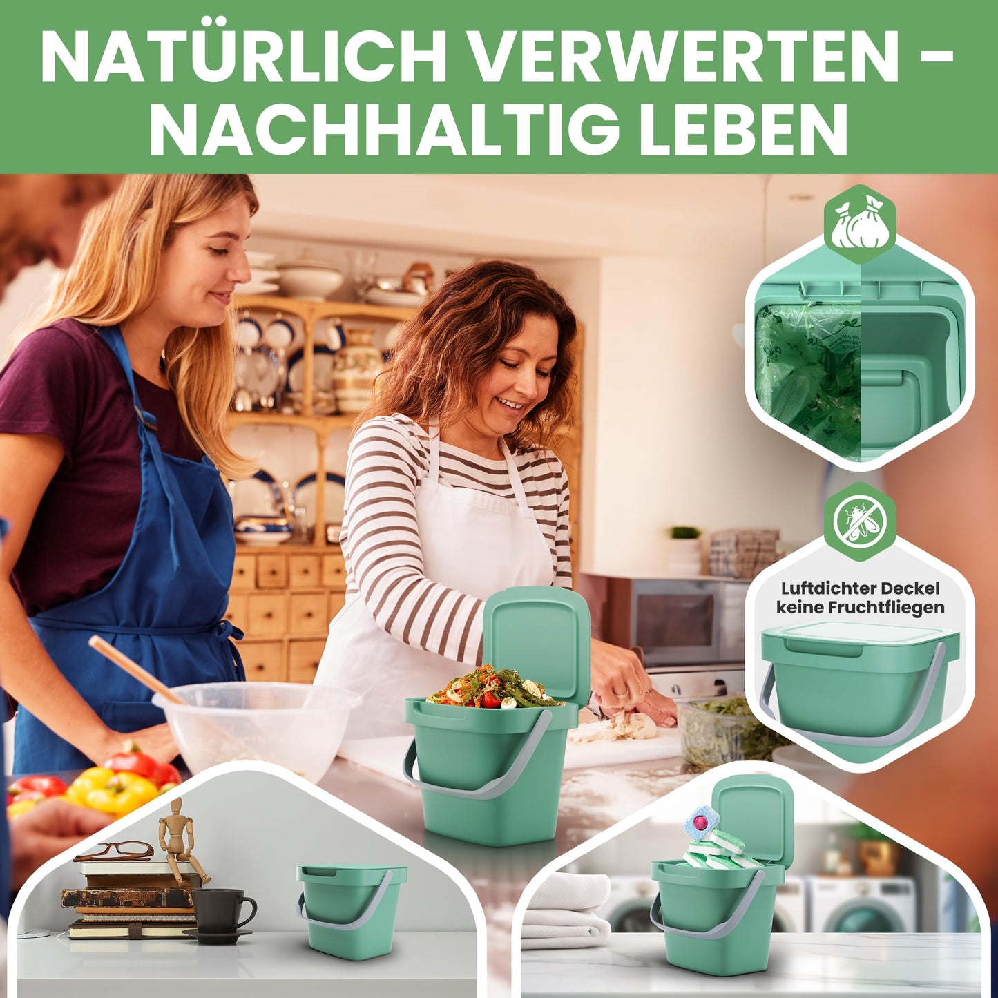 Fabigreen Biomülleimer Küche 3L inkl. Schwammtuch (2er Set) - Made in EU - Komposteimer Küche für Biomüll Behälter - geruchsdichter Bio Mülleimer klein mit Deckel Bio Eimer (Grün (3L))