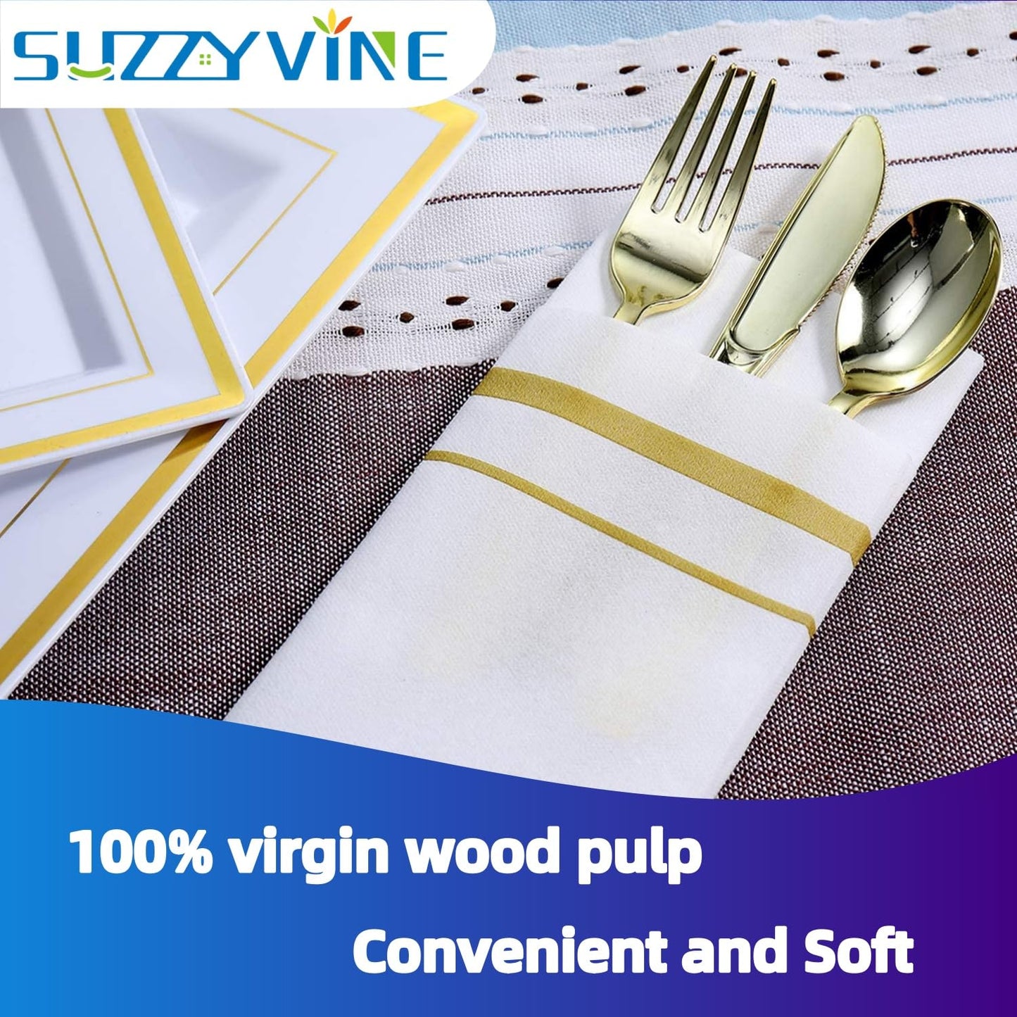 SUZZYVINE Goldene Einweg-Servietten mit integrierter Bestecktasche, Stoffähnliche Lunch-Servietten für Hochzeit, Party, Leinen-Gefühl, 50 Stück, 40,6 x 40,6 cm