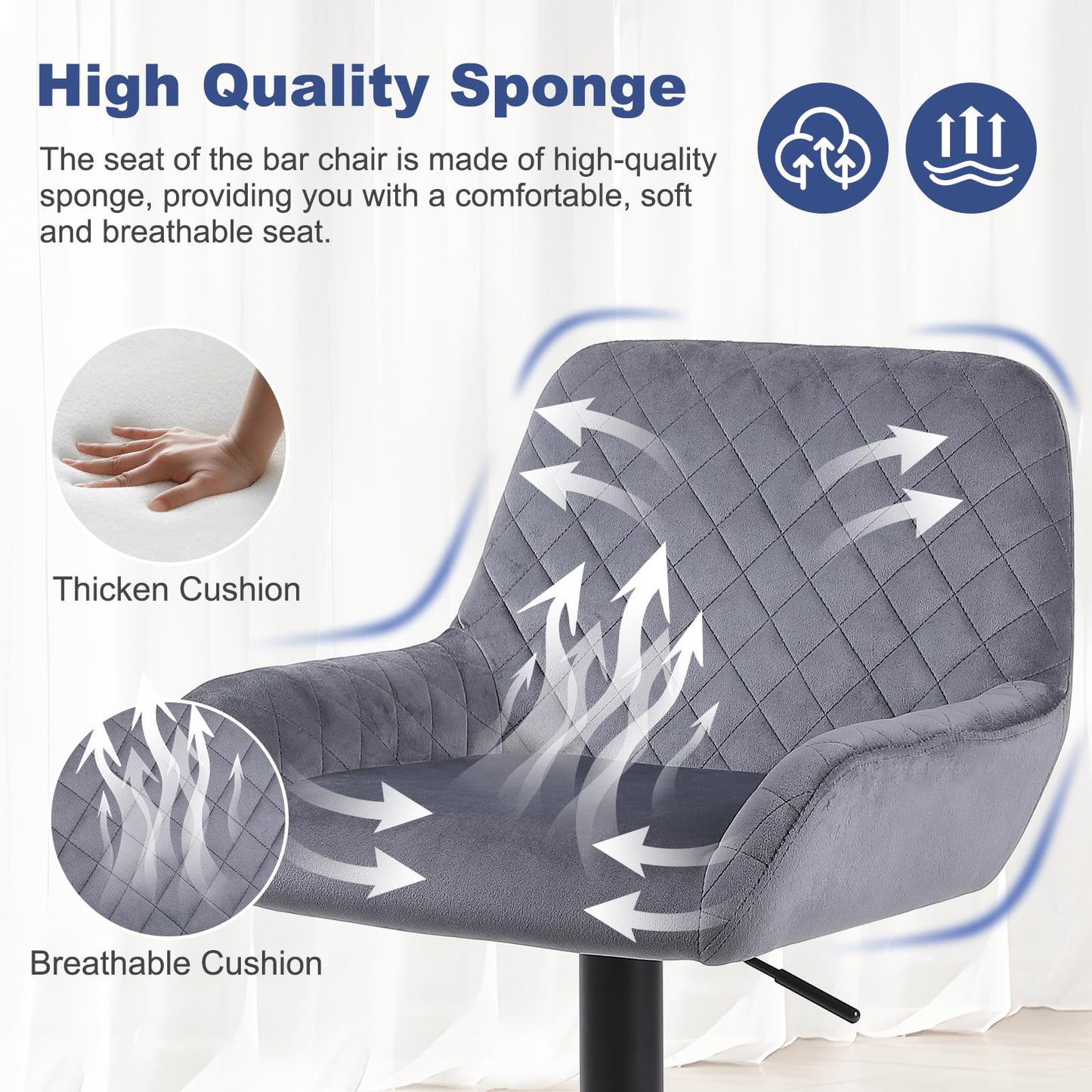 ralex-chair Barhocker 2er Set, Höhenverstellbare Drehbare Barhocker aus Samtstoff, Frühstücks-Esshocker mit Rückenlehne und Armlehne für Bar, Theke und Küche, Grau