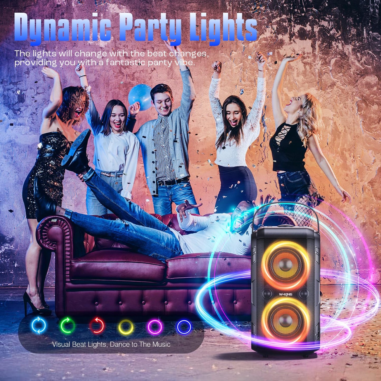 W-KING 180W PEAK Bluetooth Lautsprecher Box Groß, Kabelloser Musikbox Bluetooth Party Box Boombox mit Natürlich Tiefer Bass/4 Treiber 2 Subwoofer, 80W Riesig 105dB Sound/IPX5/Lichter/24H/USB/TF/AUX/EQ