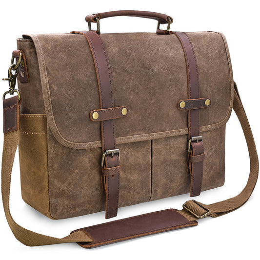NEWHEY Herren Umhängetaschen Aktentasche Laptoptasche Wasserdichte Canvas Groß Arbeitstasche Messenger Bag Männer Vintage 15.6 Braun