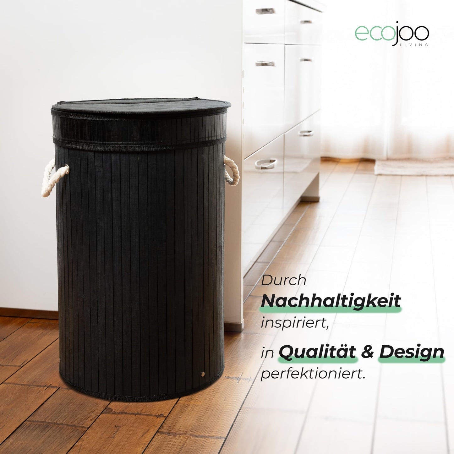 Ecojoo® Premium Gelber Sack Ständer aus FSC®-Bambus -doppelt verstärkt, Mülleimer Küche-geruchsdicht, Müllsackständer, Pfandflaschen Sammelbehälter, Abfalleimer Küche, Mülleimer 60l (schwarz)