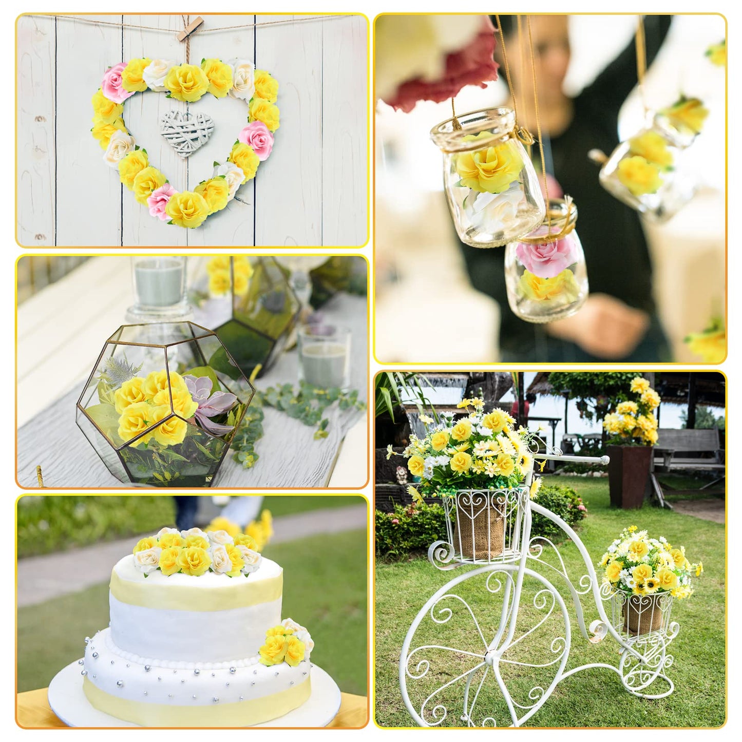 Kesote 50x Künstliche Blumenköpfe Blütenköpfe Kunst Blumen Rosen Köpfe für Hochzeit Party Deko DIY (Ø 4cm, Gelb)
