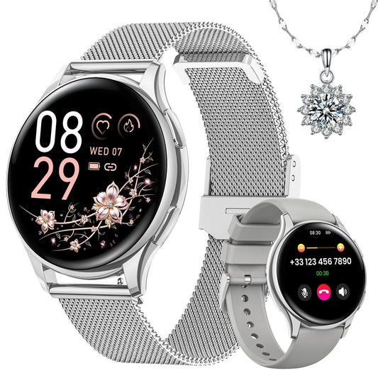 Sanorum Smartwatch Damen mit Telefonfunktion, Rund 1,27" HD Screen Armbanduhr mit 120+ Sport Pulsuhr SpO2 Schlafmonitor Menstruationszyklus IP68 Fitness Tracker Schrittzähler für iOS Android Silber
