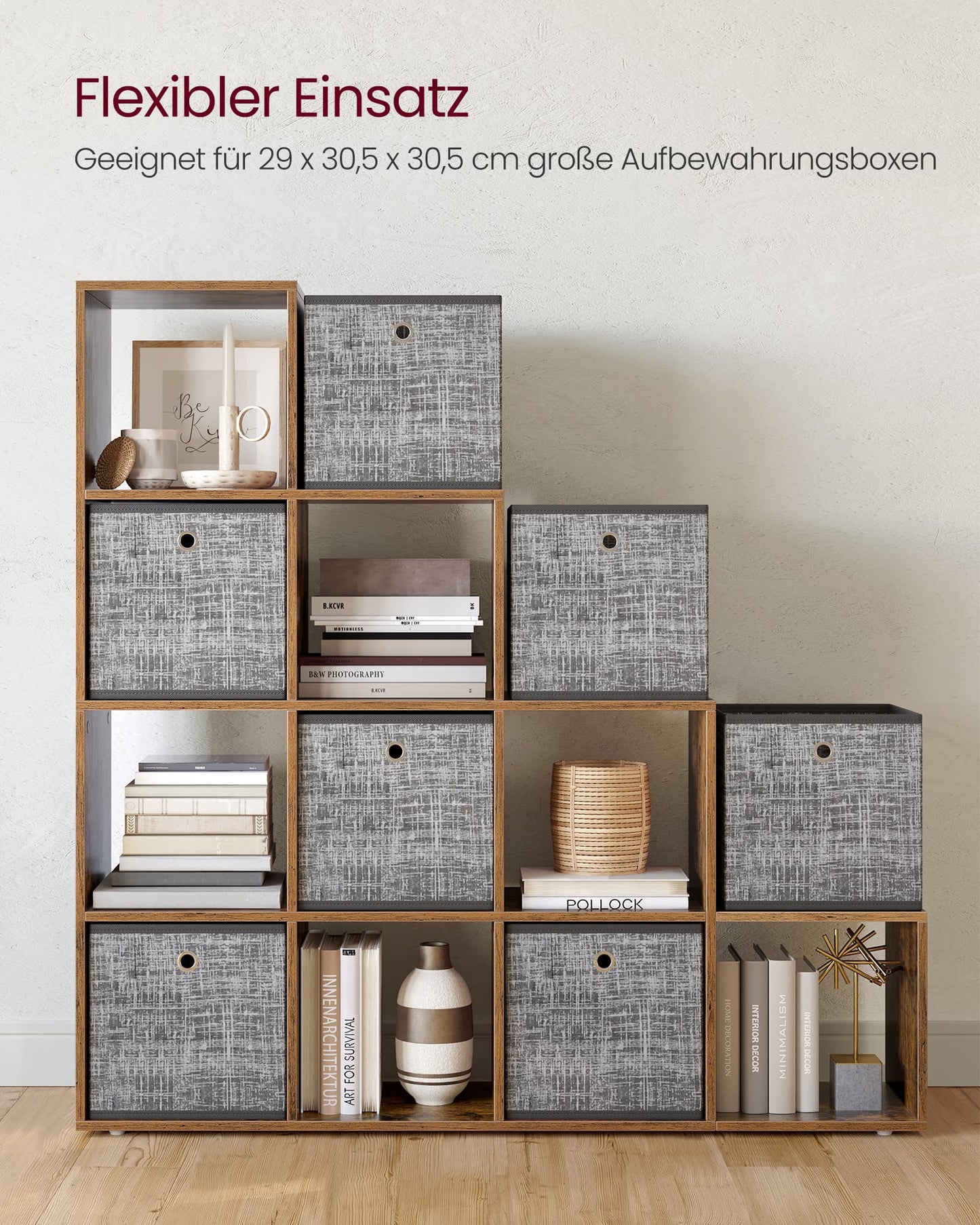 VASAGLE Bücherregal mit 10 Fächern, Regal offen, Stufenregal, Ordnungssystem für Deko, Fotos, Pflanzen, Wohnzimmer, Schlafzimmer, Arbeitszimmer, 29 x 129,5 x 129,5 cm, vintagebraun LBC10BX