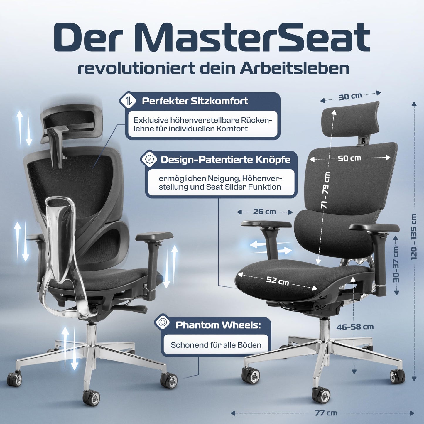 CLOUVOU MasterSeat Bürostuhl Ergonomisch | Schreibtischstuhl [QuantumFlex, 4D-Chrom-Metallarmlehne, Phantom Wheels] | Büro Stuhl, Computerstuhl Home Office Chair Ergonomic, Drehstuhl 150 kg