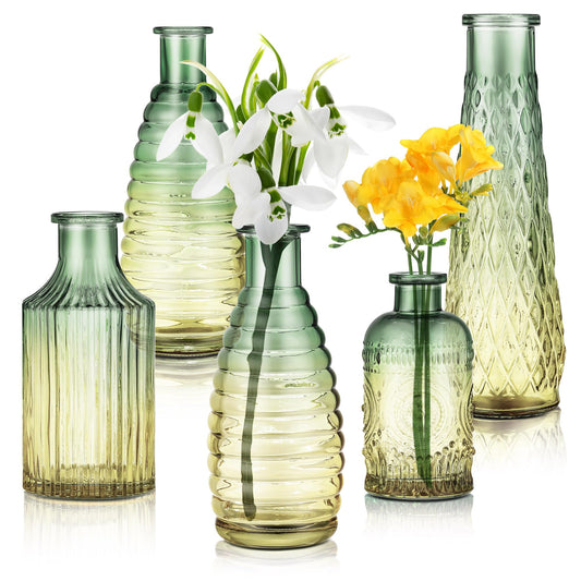 Joeyan 5er Set Vintage Bunt Kleine Glasvasen für tischdeko - Farbig Farbverlauf Desktop Blumenvase - Geprägte Knospenvase,Vase für Einzelne Rose für Hochzeiten, Party, Events Dekorieren Arrangements