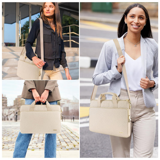 DOMISO 17,3 Zoll Laptoptasche Notebook Tasche Laptop Hülle mit Schultergurten Wasserdicht Prägewerbe mit Goldenem Reißverschluss für HP, Dell, Asus Notebook,Beige