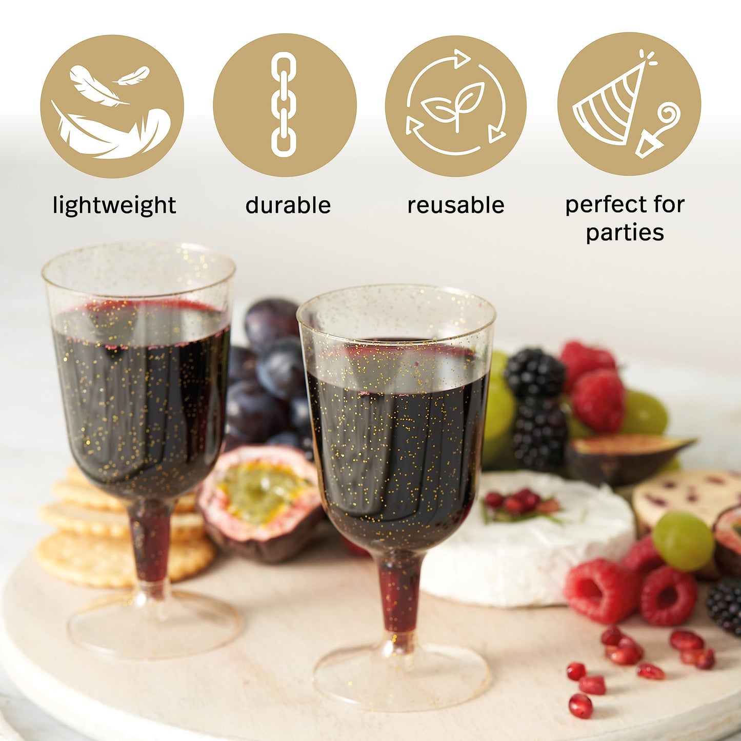 MATANA 50 Premium Weingläser Plastik mit Goldglitter, 180ml - Weingläser aus Kunststoff, Glitzer Weingläser, Cocktailgläser, Weinbecher, Plastikbecher für Hochzeiten, Partys - Stabil & Mehrweg