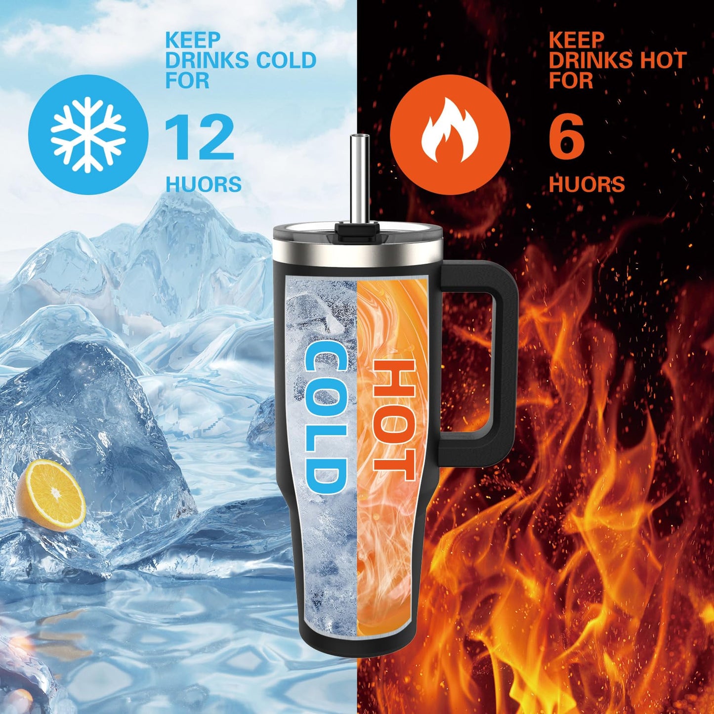 WATERSY 40oz Kaffeebecher to Go Thermobecher Doppelwandiger Edelstahl Vakuum Auslaufsicher Trinkbecher mit Griff und Strohhalm Thermo Tumbler Schwarz