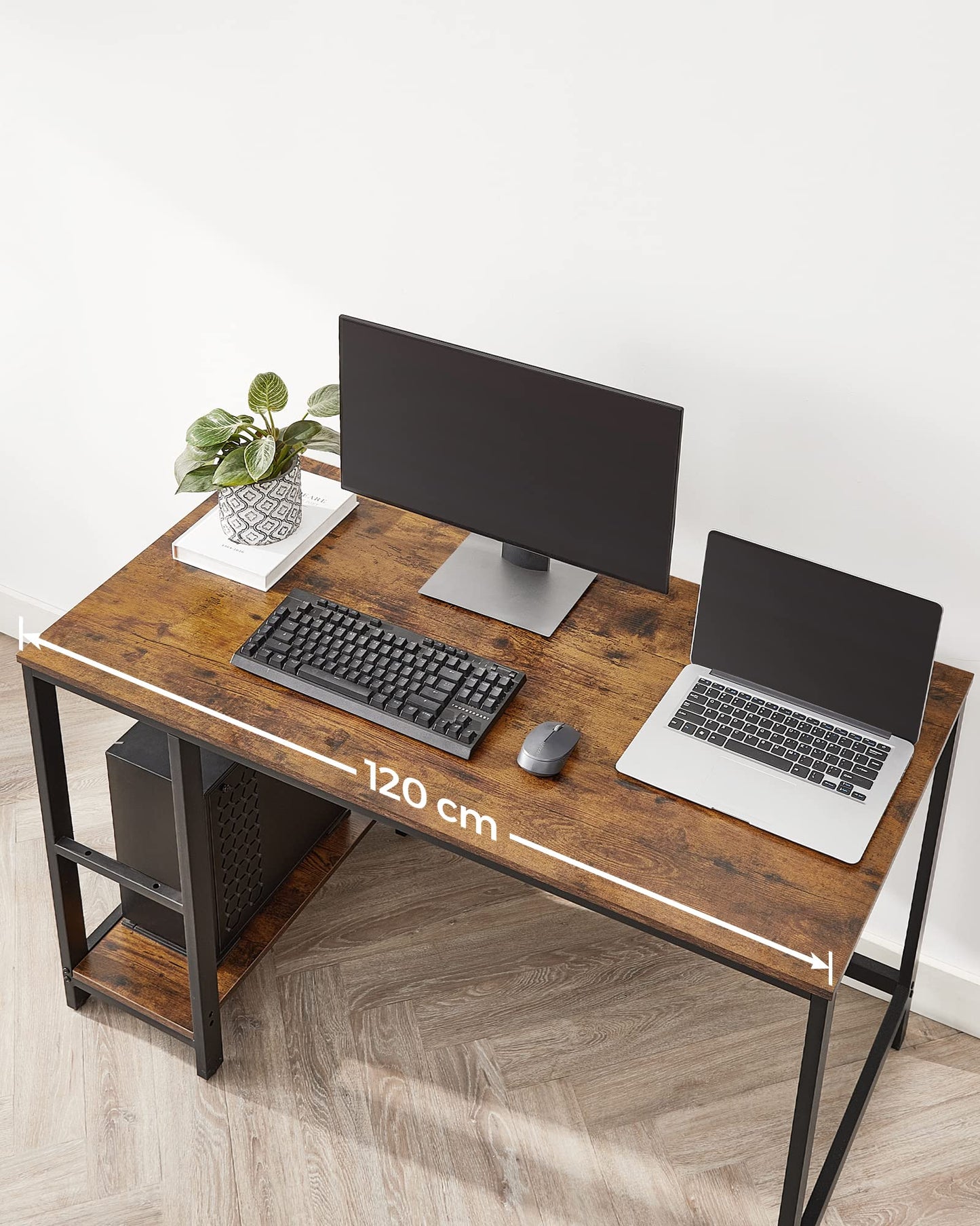 VASAGLE Schreibtisch, Computertisch, PC-Tisch, Bürotisch, mit 2 Ablagen auf der rechten oder linken Seite, fürs Büro, Wohnzimmer, Stahlgestell, Industrie-Design, vintagebraun-schwarz LWD47X