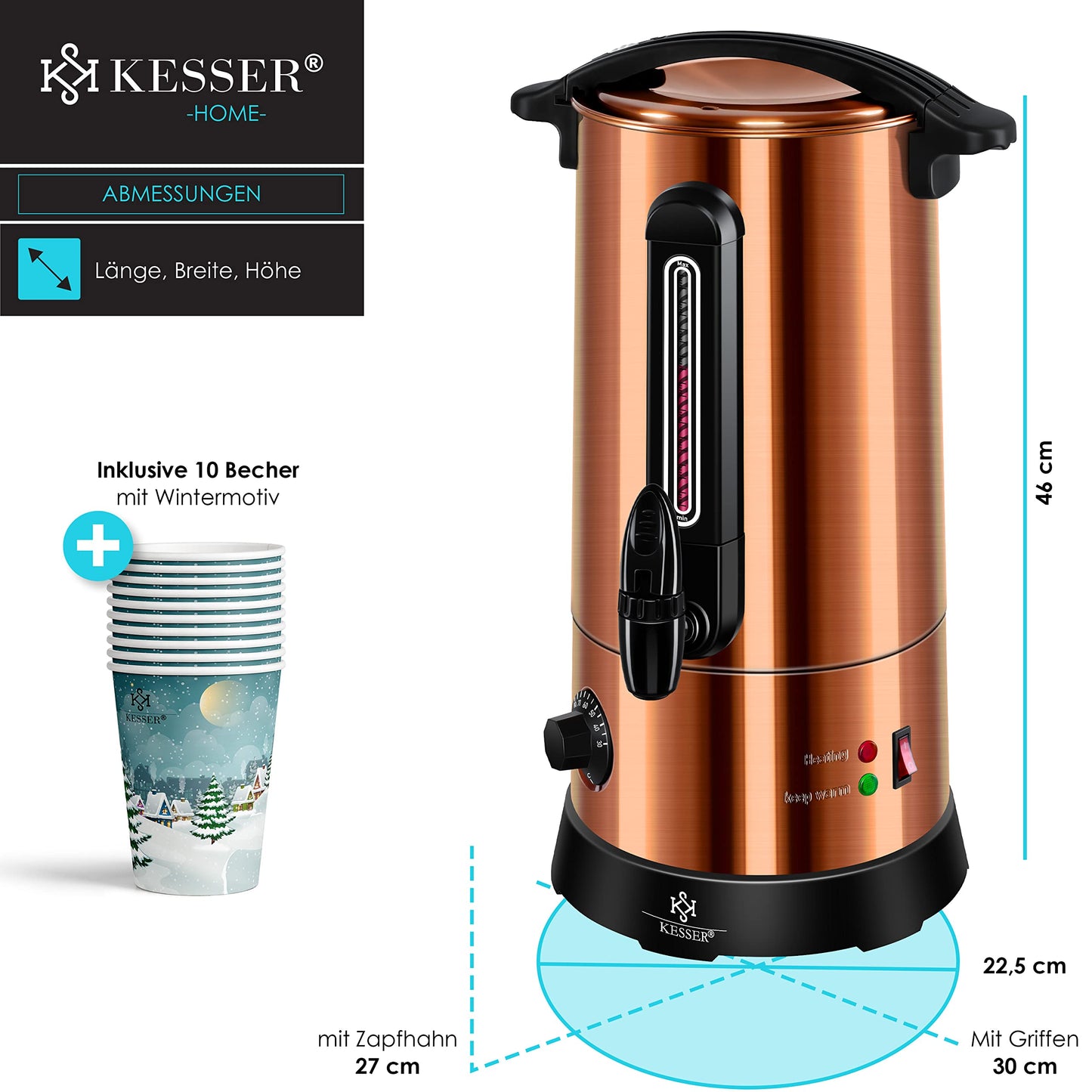 KESSER® Glühweinkessel 10L Edelstahl Inkl. 10x Becher Glühweinkocher mit Thermostat Glühweinautomat Heißgetränkeautomat Wasserkocher Heißwasserspender Einkochautomat Füllstandanzeige Zapfhahn