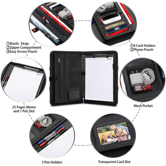 wilbest® A4 Schreibmappe, Multifunktions Ledermappe, Große Fächern für Tablet, Reißverschlussfach, Facheinschließlich Schreibbloc, 4 Kartenfächer, Faltbaren Magnetgriffen, Wasserdicht Dokumentenmappe