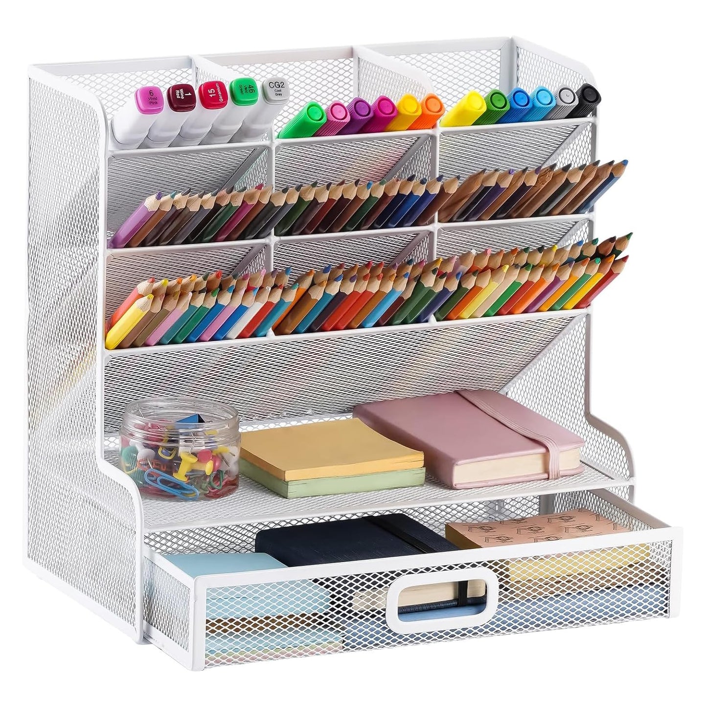 Marbrasse Schreibtisch-Organizer aus Netzstoff, Multifunktionaler Stifthalter,für Schreibtisch,Aufbewahrungsregal für Schule,Zuhause,Büro,Kunstbedarf (Mesh Pen Holder White with Drawer)
