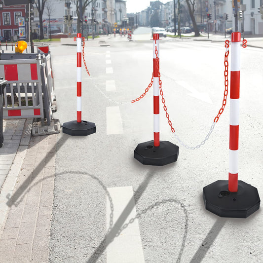 UISEBRT 4 Stück Absperrpfosten Kettenpfosten aus Kunststoff mit 4 Absperrketten von 140cm, Sperrpfosten mit Standfuß 82 x 28 x 28cm, für Verkehrskontrolle Warnung, Rot und Weiß