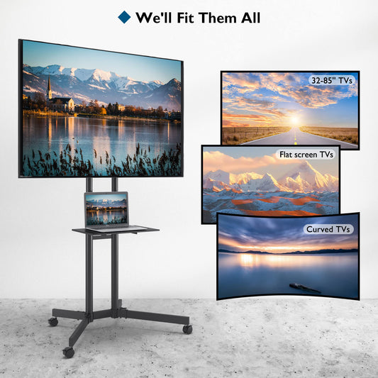 BONTEC TV Ständer mit Rollen TV Wagen Fernsehständer Höhenverstellbar für 32-85 Zoll LCD LED OLED Plasma Flach & Curved Fernseher bis zu 60KG, Max VESA 600x400 mm