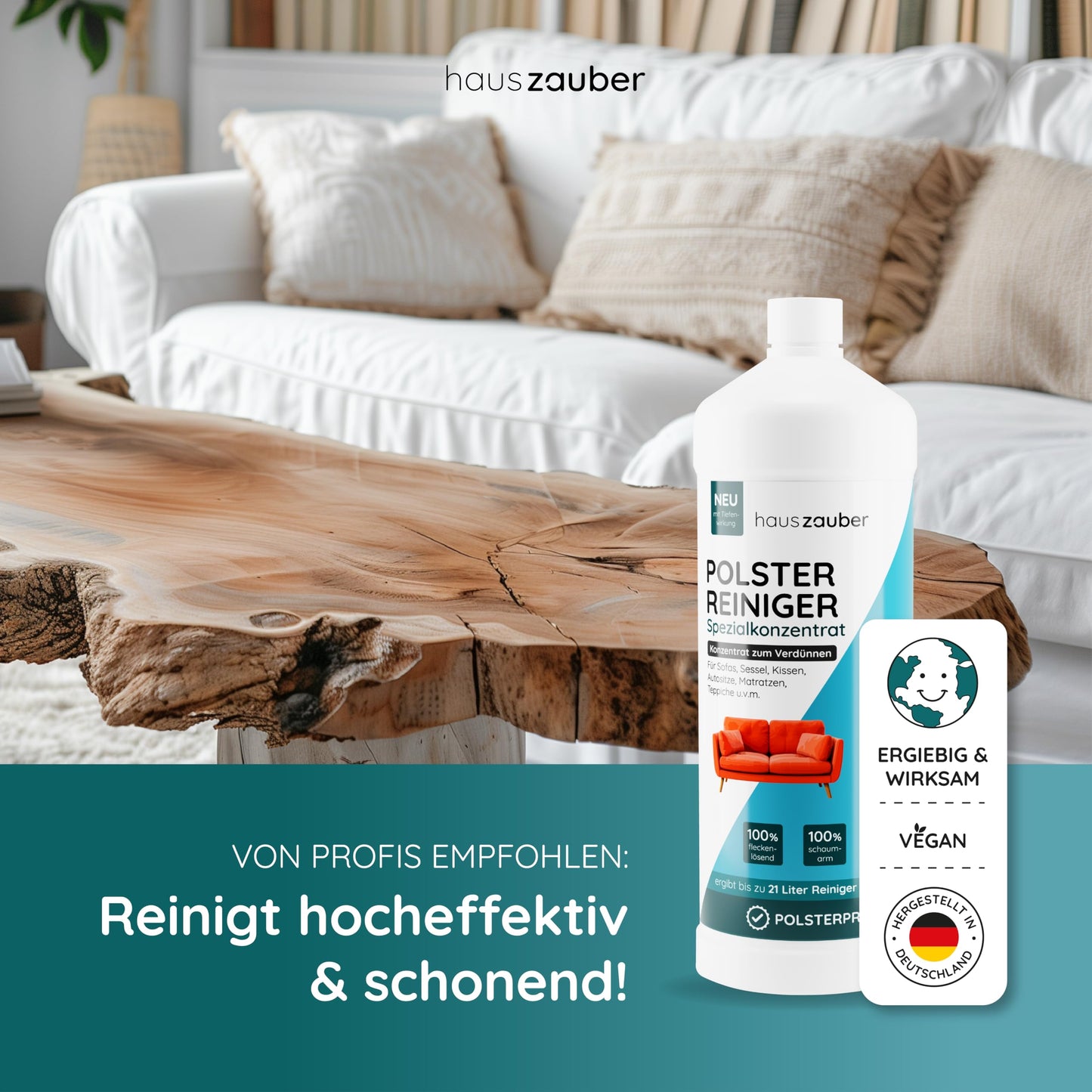 hauszauber® - Polsterreiniger Konzentrat [EXTRA REIN] - 1000 ml - Für Waschsauger, Nasssauger und manuelle Reinigung - Sofa, Auto, Couch, Sessel, Teppich - Fleckenentferner