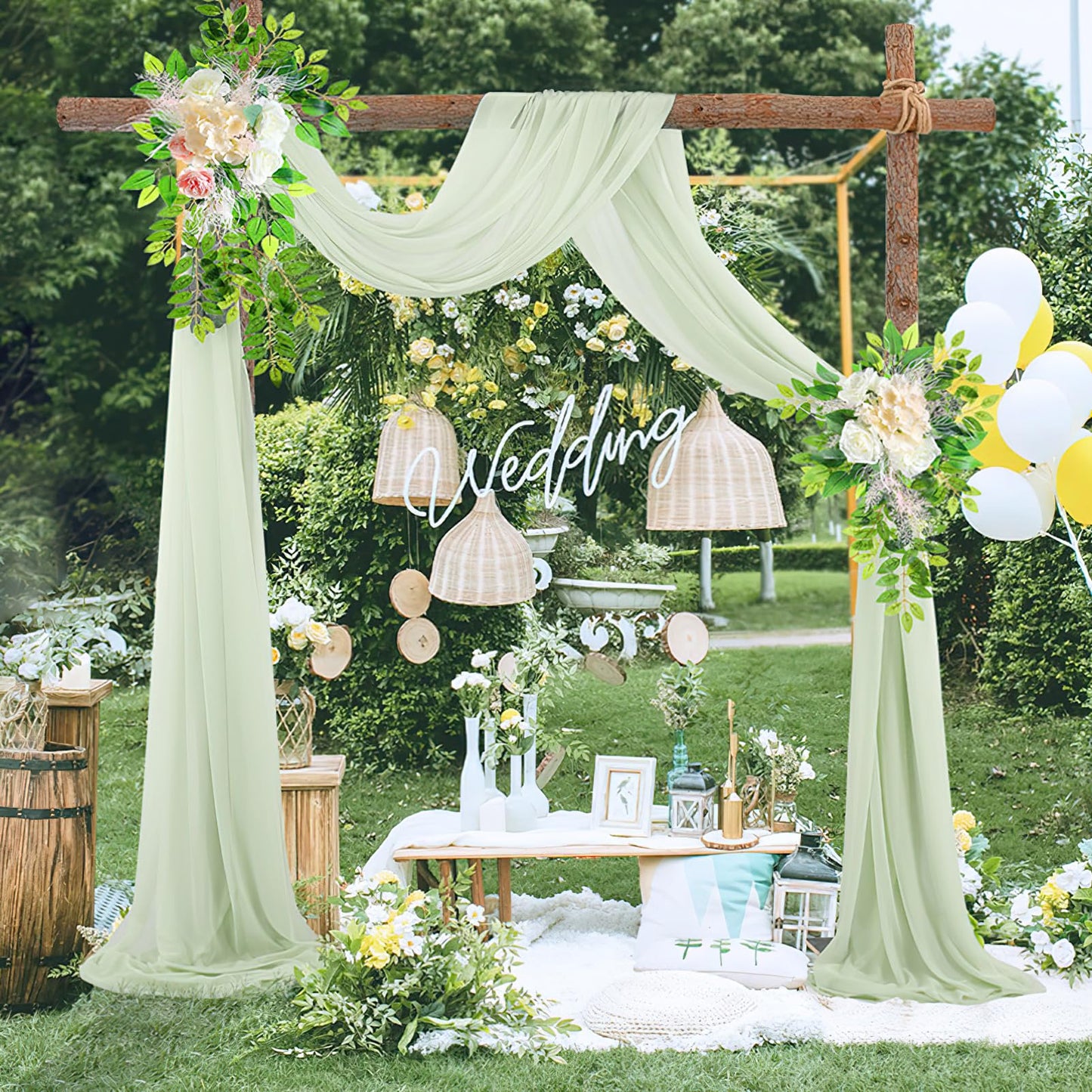 auons Hochzeit Bogen Sheer Vorhänge Hintergrund, 600x75cm Voile Vorhang Chiffon Drapierung, Tüllstoff Vorhänge Arbor Draperie für Hochzeitszeremonie Empfang Party Deckendekor, Salbei Grün, 2 Panels