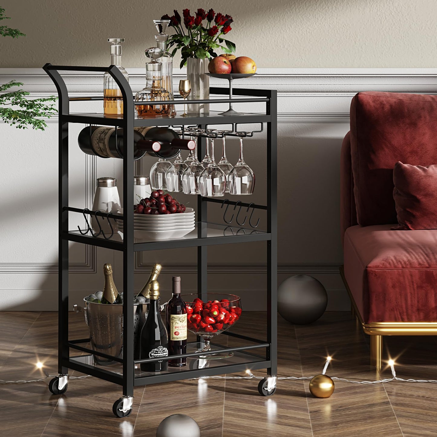 TUTOTAK Barwagen Home Bar Servierwagen Mikrowellenwagen Getränkewagen Mobiles Küchenregal mit 3 Ebenen Spiegelregal Weinhalter Glashalter Rollender Getränkewagen Schwarz BC01BK034
