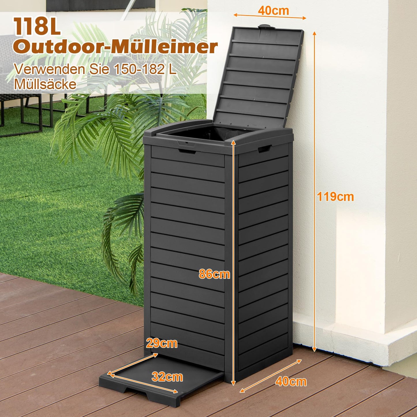 COSTWAY Mülleimer mit Deckel, 118 L, Mülltonne Abfalltonne Garten, mit ausziehbarer Flüssigkeitsschale & Griff, wasserdichter Müllbehälter Outdoor, für Veranda, Hinterhof, Terrasse (2 Pack-Schwarz)