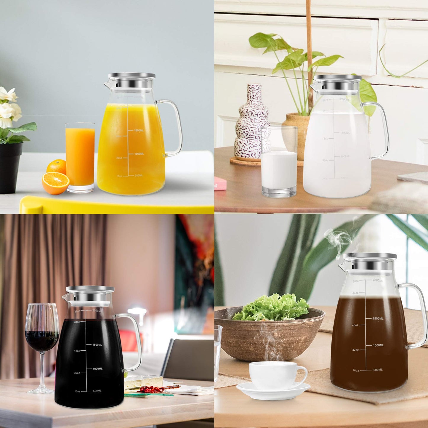 Aofmee Karaffe, Karaffe 2 Liter, Glaskaraffe, Wasserkaraffe, Karaffe Glas, Glaskaraffe mit Deckel, Wasserkrug, Glaskrug, Wasserkaraffe mit Kühlung, Eistee Krug Saft Krug, Getränkekaraffe Glaskanne