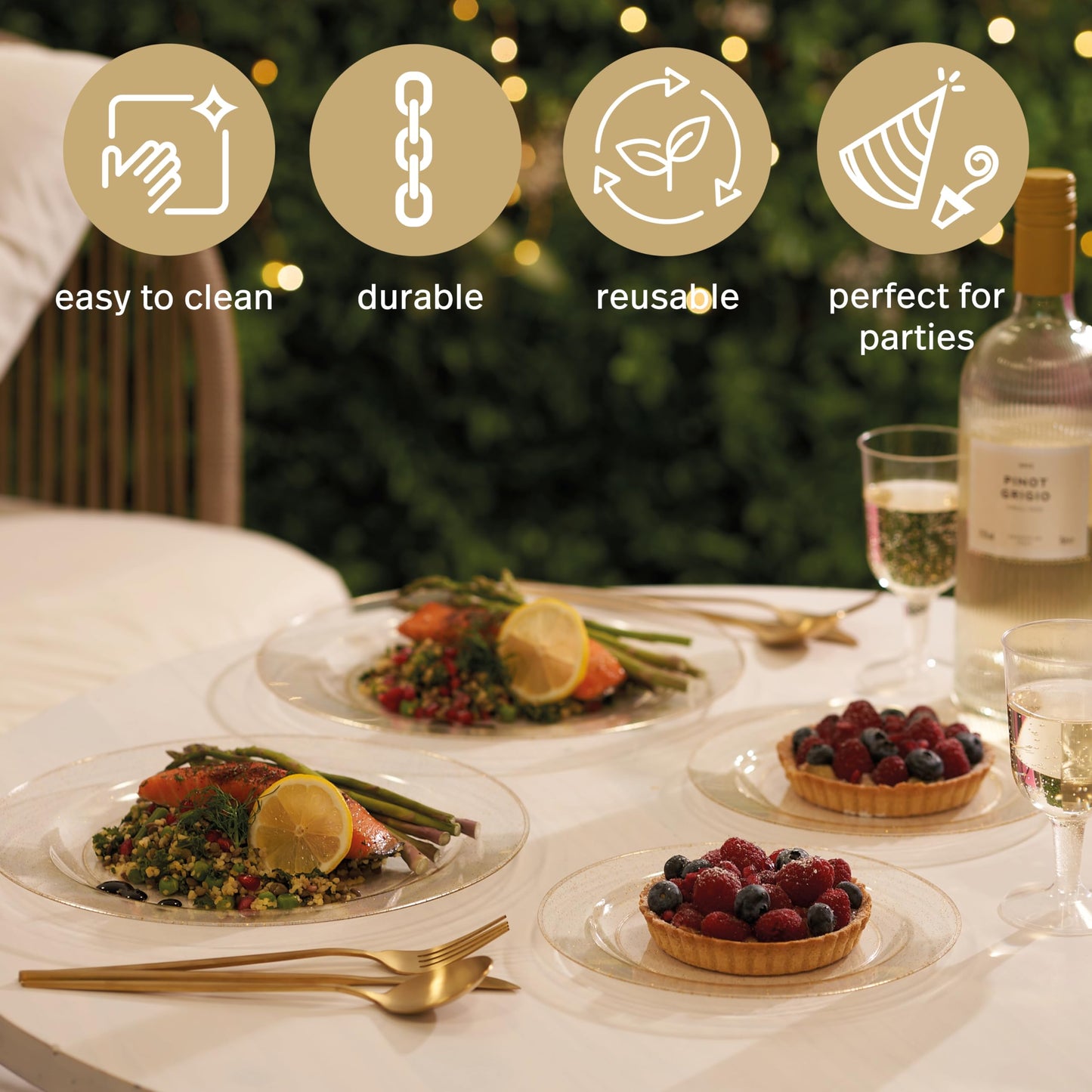 MATANA 120 Premium Plastikteller mit Goldglitter, Hartplastik Teller Gold (2 Größen) - Plastikteller Mehrweg, Kunststoffteller, Partyteller für Hochzeiten, Geburtstage, Partys - Elegantes Party Teller