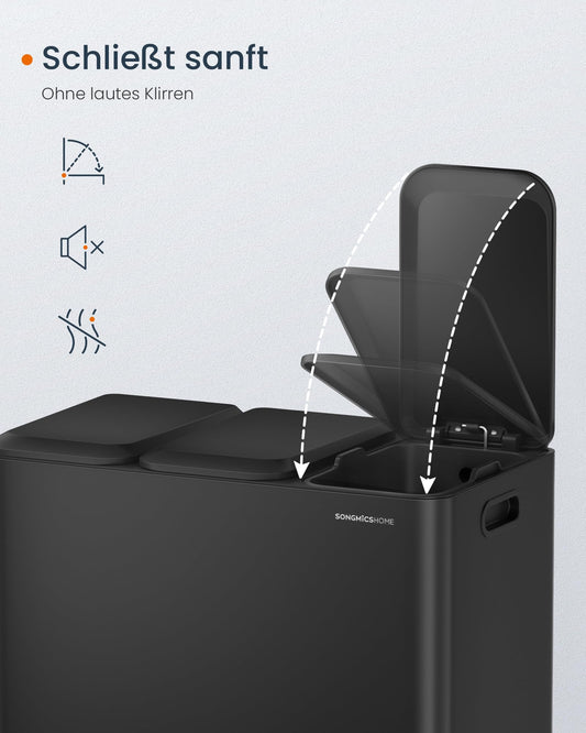 SONGMICS HOME Mülleimer Küche, 3 x 15 L Fächer, Abfalleimer mit farbcodierbaren Pedalen, Mülltrennsystem, mit Deckeln und Inneneimern, Stahl, tintenschwarz LTB740B02V1