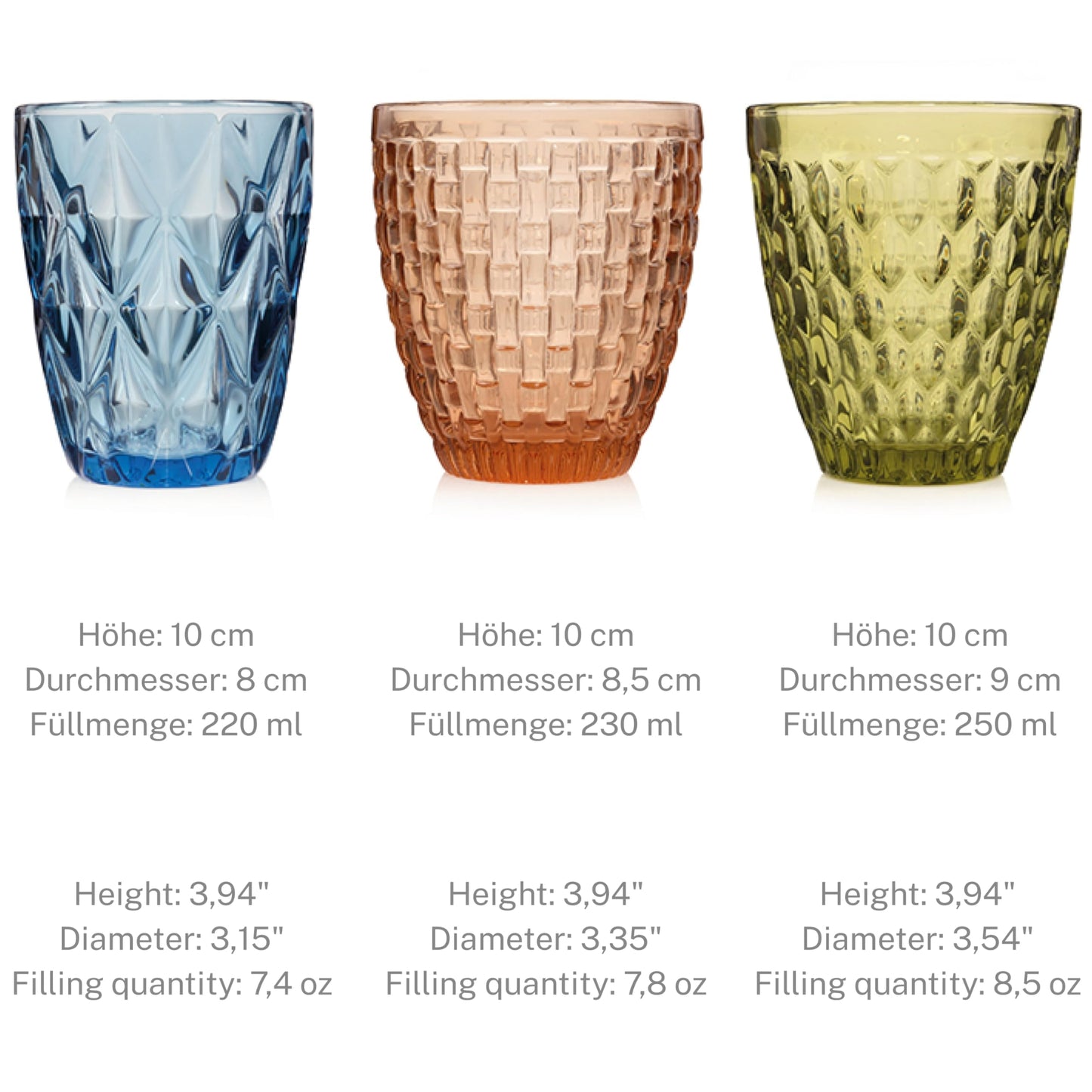 Sänger Trinkgläser Set Porto 6 teiliges Gläser Set für 6 Personen aus Glas, Wasserglas, Mehrfarbig, einzigartiger Schliff, Alltag, Familienessen, Büro, Outdoor Saftgläser Set | 310 ml