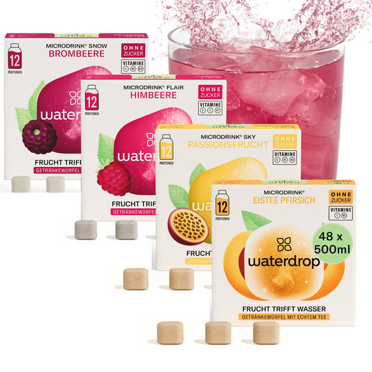waterdrop® Microdrink Set | 48 Waterdrop Drops Würfel - 4 fruchtige Sorten | Zuckerfreies Getränkpulver | Geschmack für Wasser | kalorienarm mit wertvollen Vitaminen | Brausetabletten | Wasserzusatz