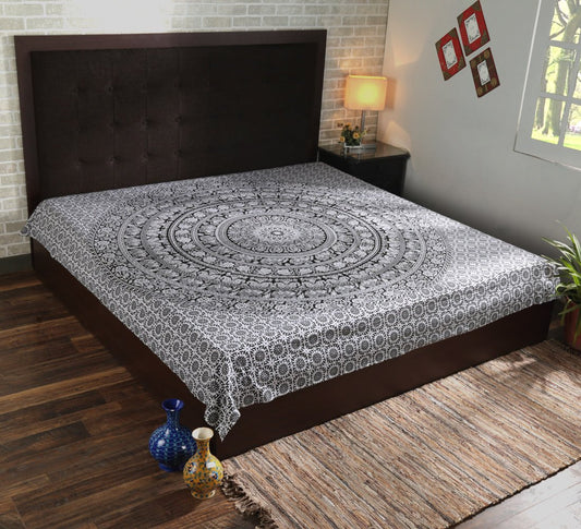 RAJRANG Baumwolle Elefant Mandala Tapisserie Wandbehang Deko Schwarz Weiß 230x213 cm