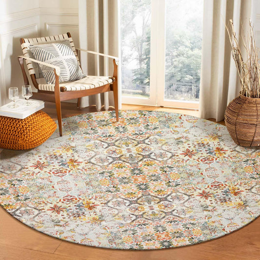 Lahome Boho-Teppiche mit runder Fläche, 1.8 m, waschbar, kreisförmig, für Wohnzimmer, rutschfest, dünn, Überwurf, Teppich für Esszimmer, Tisch, großer Blumendruck, Used-Look, Eingangsbereich, Büro