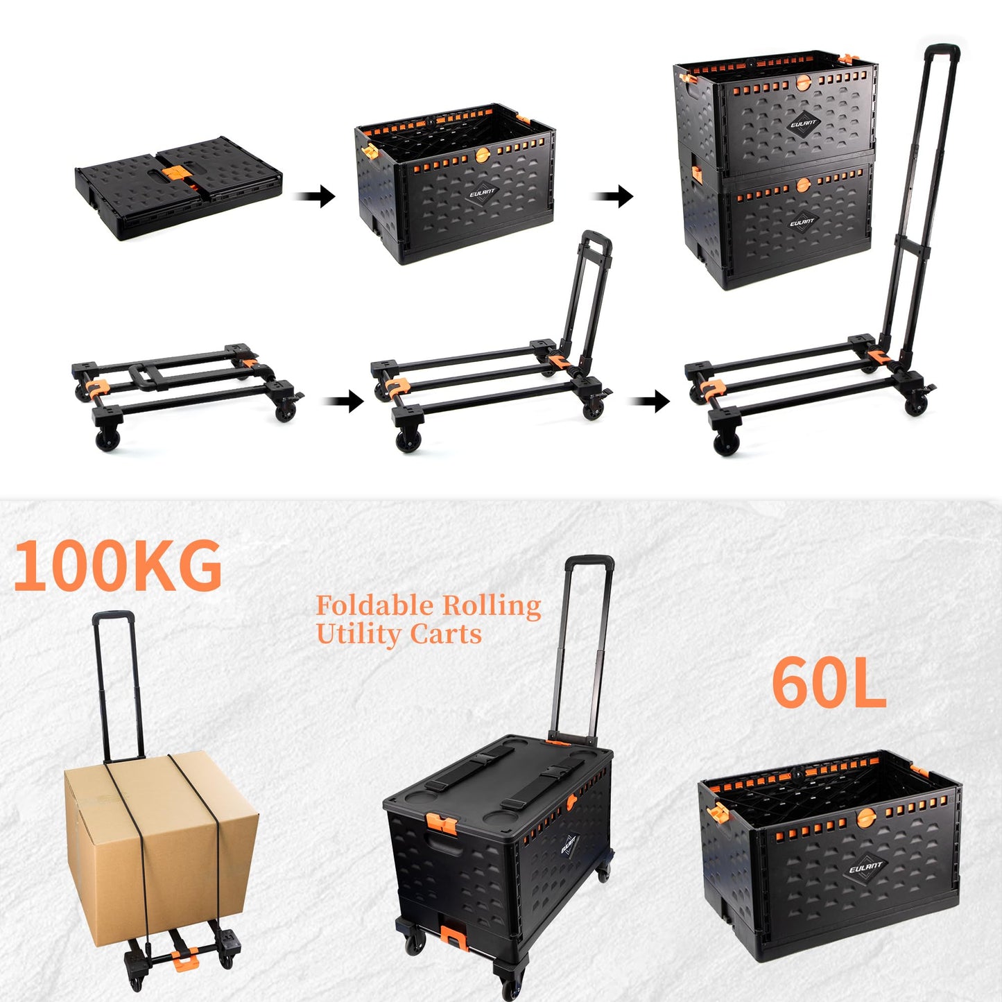EULANT 2 in1 Faltbare Handwagen mit 60L Faltbox & Deckel, Transportkiste mit Rollen & Bremse, Utility Transportwagen mit 360° drehbaren Rädern & 2 Elastischen Seilen,Einkaufstrolley Klappbar