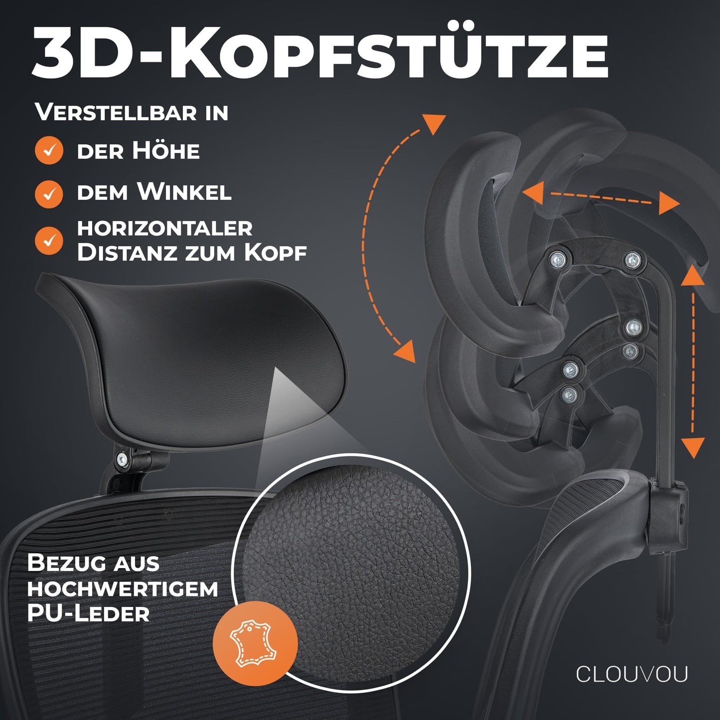 CLOUVOU SmartSeat Bürostuhl Ergonomisch | Schreibtischstuhl [3D PU Leder Kopfstütze, Blade Wheels, Chrom-Metall] | Büro Stuhl, Computerstuhl Home Office Chair Ergonomic, Drehstuhl 150 kg