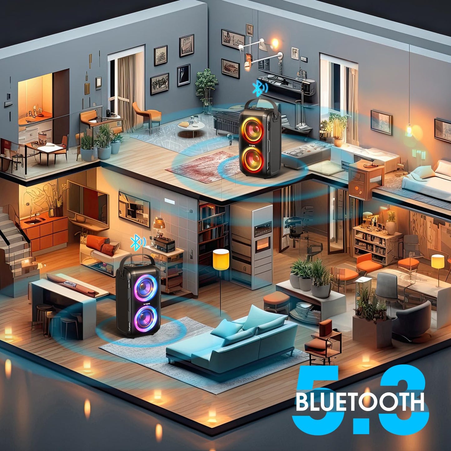 W-KING Bluetooth Lautsprecher mit 2 Vollfrequenztreiber– Superbass, Bluetooth Box Musikbox Party Lautsprecher mit 80 W und LED-Beleuchtung, 105dB-Sound, IPX5, 24 Stunden, U-Disk, TF-Karte, AUX, EQ