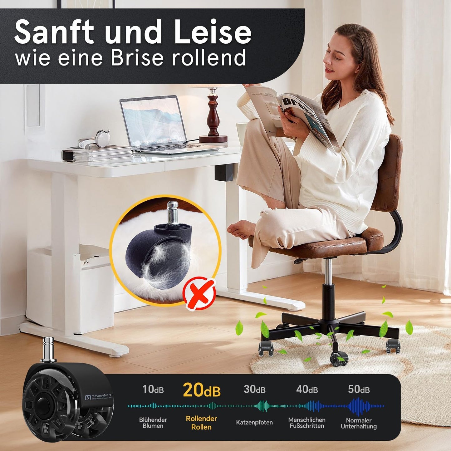Mastery Mart Bürostuhlrollen 5er Set, 60 mm Hartbodenrollen mit Polyurethan, Schwarz, für Parkett und Laminat