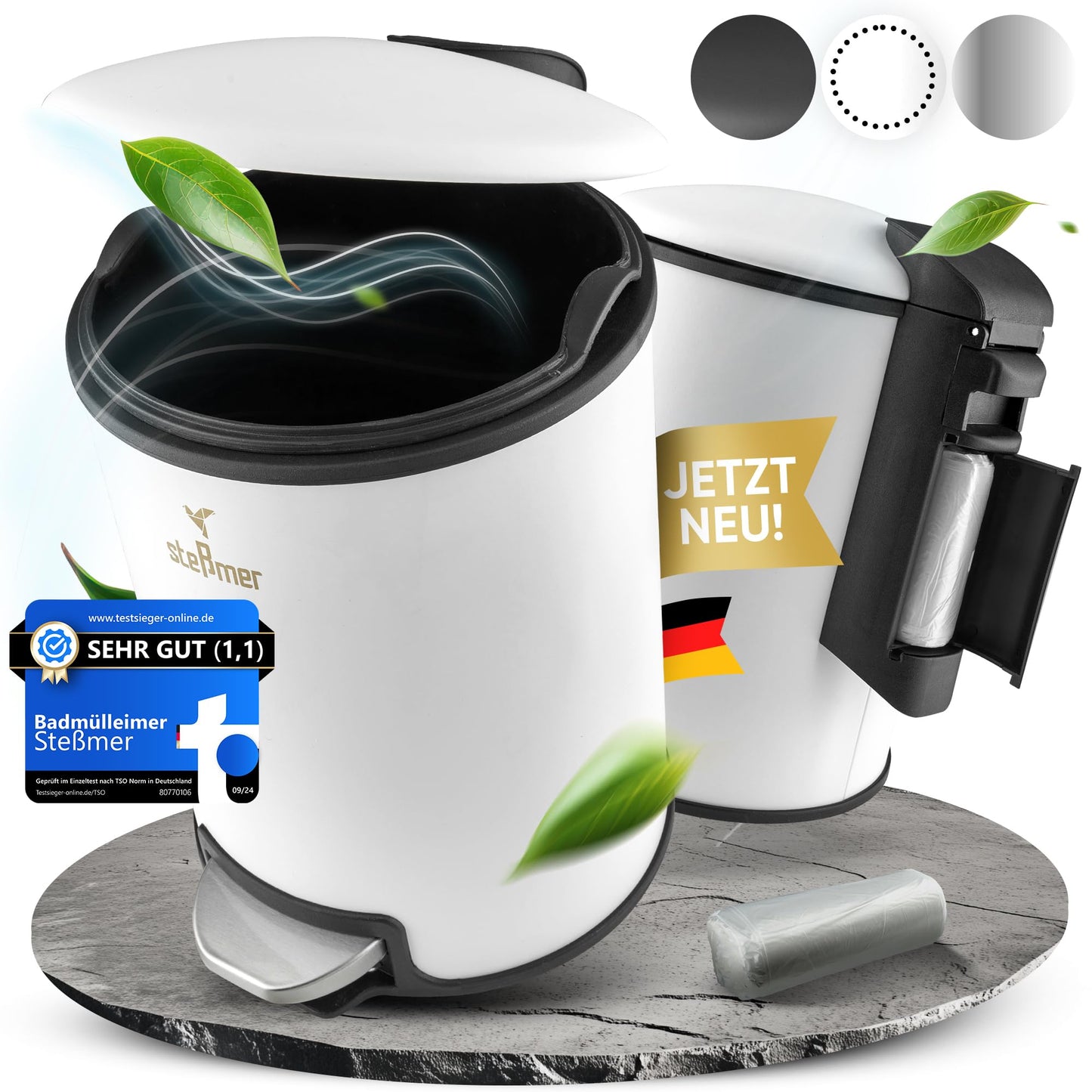 STESSMER Bad Mülleimer [5L] Geruchsdichter kleiner Kosmetikmülleimer fürs Badezimmer | Kosmetik-Badmülleimer, Abfalleimer, Kosmetikeimer, Badeimer, Treteimer, Trash Can | Edelstahl, Schwarz matt