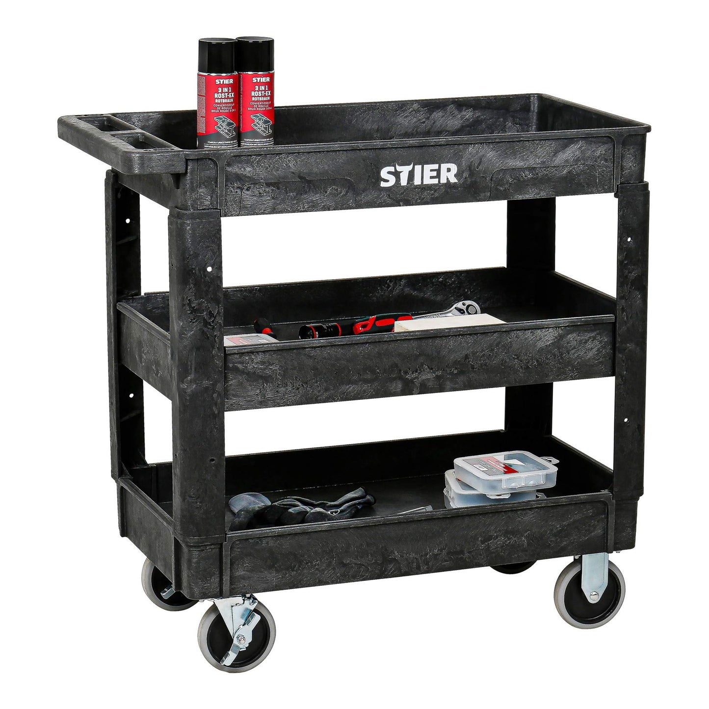 STIER Kunststoff-Vielzweckwagen, 3 Etagen, 250kg Tragkraft, 87x43x85cm, 2 Feststeller, Montagewagen, Werkzeugwagen, Rollwagen robust, Tool cart, Mehrzweckwagen