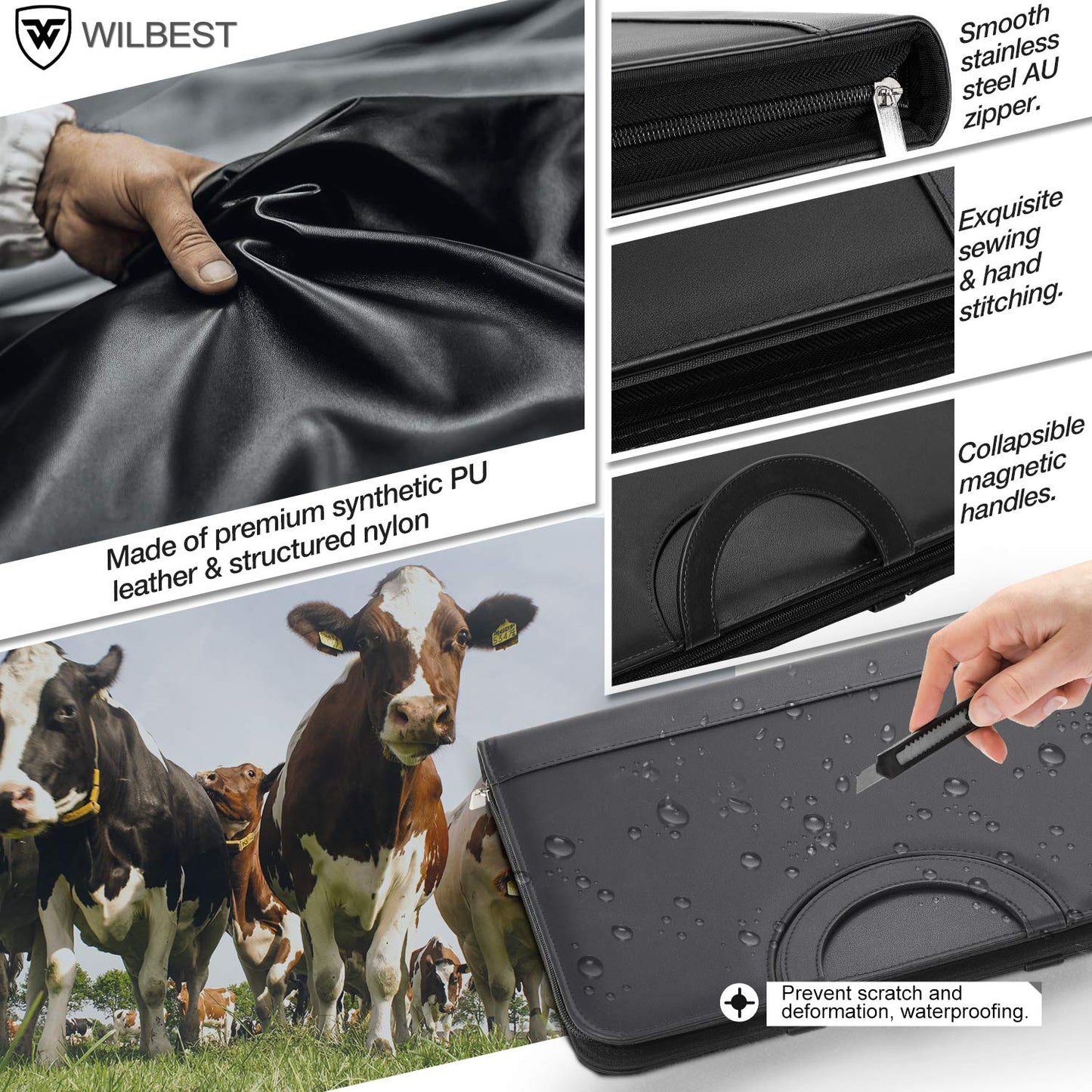 wilbest® A4 Schreibmappe, Multifunktions Ledermappe, Große Fächern für Tablet, Reißverschlussfach, Facheinschließlich Schreibbloc, 4 Kartenfächer, Faltbaren Magnetgriffen, Wasserdicht Dokumentenmappe