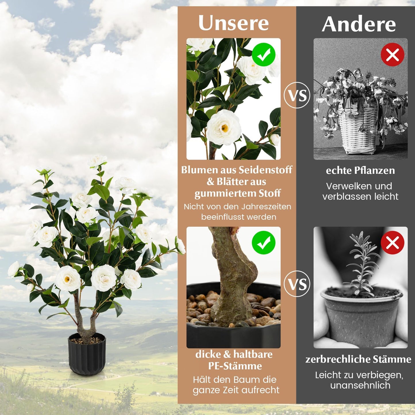 COSTWAY 2er Set Kunstbaum mit Blüten 95cm, Künstlicher Kamelienbaum, Kunstpflanze im Topf, Kamelienpflanze mit 24 Blüten & natürlicher Stamm, Kunstblume Zuhause, Zimmerpflanze Dekopflanze (2, Weiß)