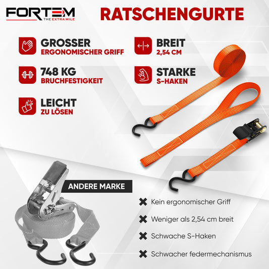 FORTEM Spanngurte, 748 kg Bruchfestigkeit, 4 x 4,57 m Spanngurte mit Ratsche - 4 Weiche Zurrschlaufen, Zurrgurte Spanngurte mit Haken aus Beschichtetem Metall - Gummigriffe - Tasche (Orange)