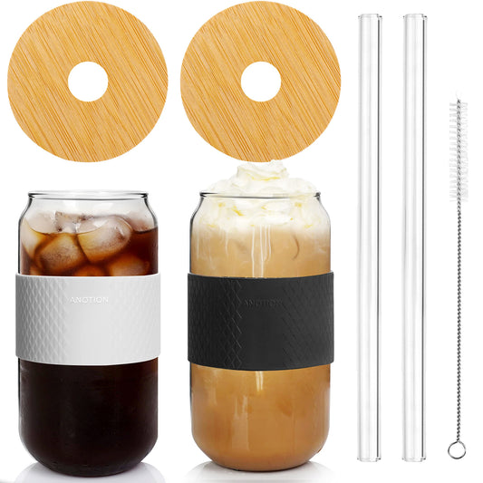 Bierdosenglas mit Deckel und Strohhalm, ANOTION Bambusabdeckung Glas Strohhalm, 590 ml wiederverwendbare Trinkgläser, Becher für Reisen Büro Zuhause Eistee Kaffee Margaritas Soft Drinks Saft Cocktail,