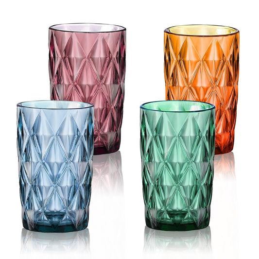 LOITTAINUE Trinkgläser Set Bunt - Gläser Set 4 Teilig, 400ml Vintage Wassergläser Set aus Glas mit Geprägtem Design - Saftgläser Drinkgläser Küchengläser - Spülmaschinenfest (Lila, Grün, Blau, Gelb)