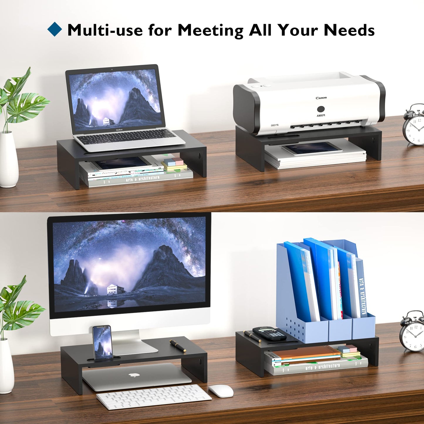 BONTEC Monitorständer, Unterbau Bildschirm, Ständer mit Handyhalter, ergonomischem Druckerständer mit Kabelführung für Laptop, Computer, Notebook, iMac, PC, 42CM, Schwarz