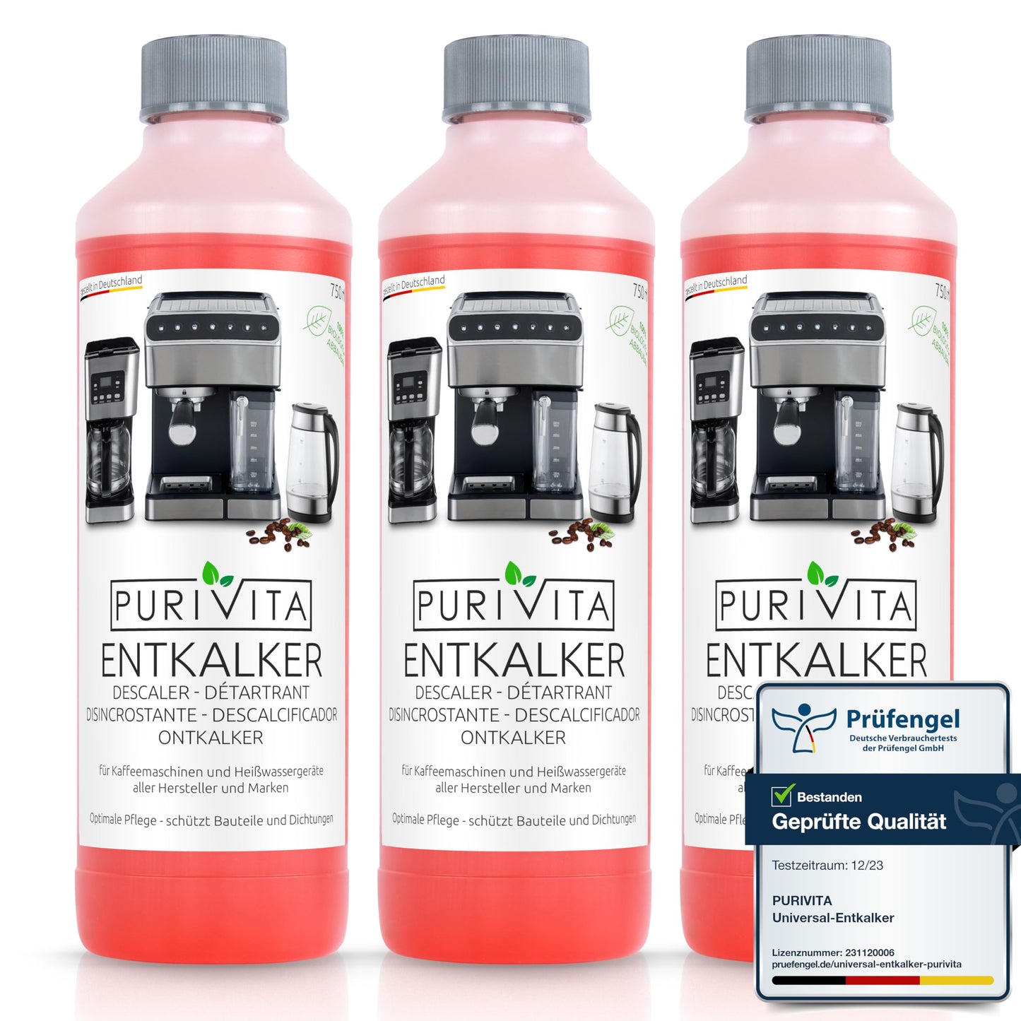 PURIVITA - Universal Entkalker Kaffeevollautomat (3x 750ml) Entkalker Kaffeemaschine für ALLE gängigen Marken - 3 Flaschen
