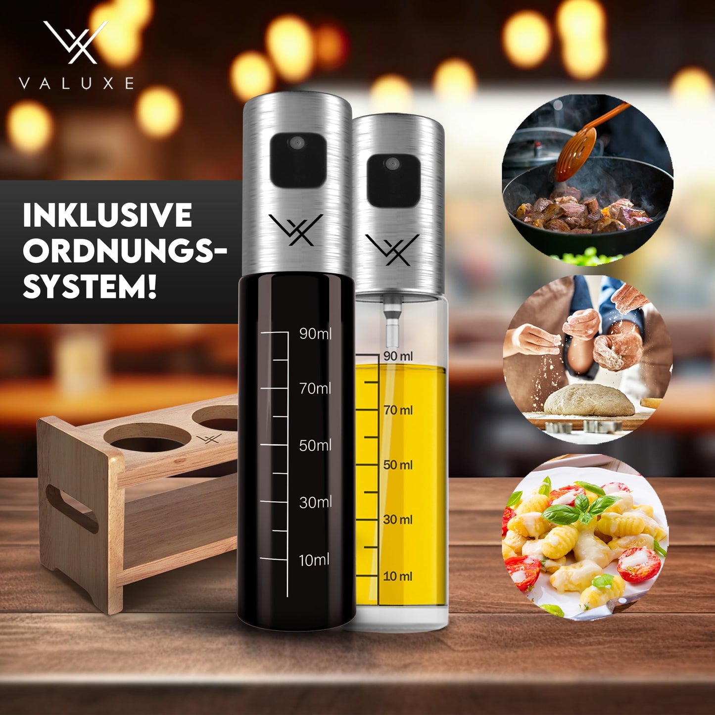 VALUXE® Ölsprüher für Speiseöl und Essig mit UV-Schutz Glas & Sprühfilter - 2er Set Edelstahl Öl-Sprühflasche inkl. Halterung - Präziser Olivenöl Sprüher, Öl-Zerstäuber, Oil-Sprayer