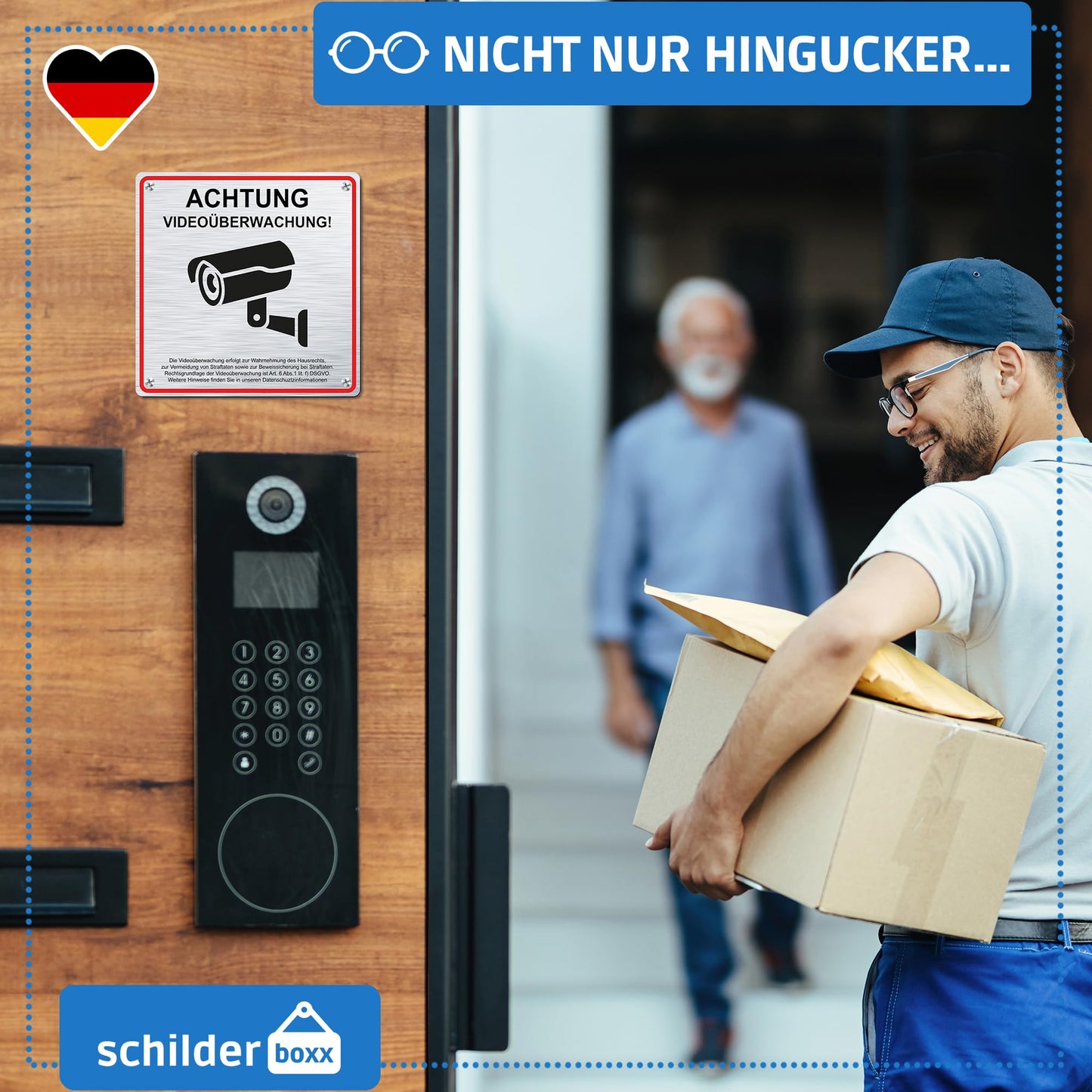 SCHILDERBOXX® 2er Set Schild Videoüberwachung DSGVO [15x15cm, 100% Alu, 4x Bohrlöcher] - Ideales Hinweisschild Videoüberwachung Aufkleber, Grundstück Videoüberwacht Schild, Kamera Überwachung Schild