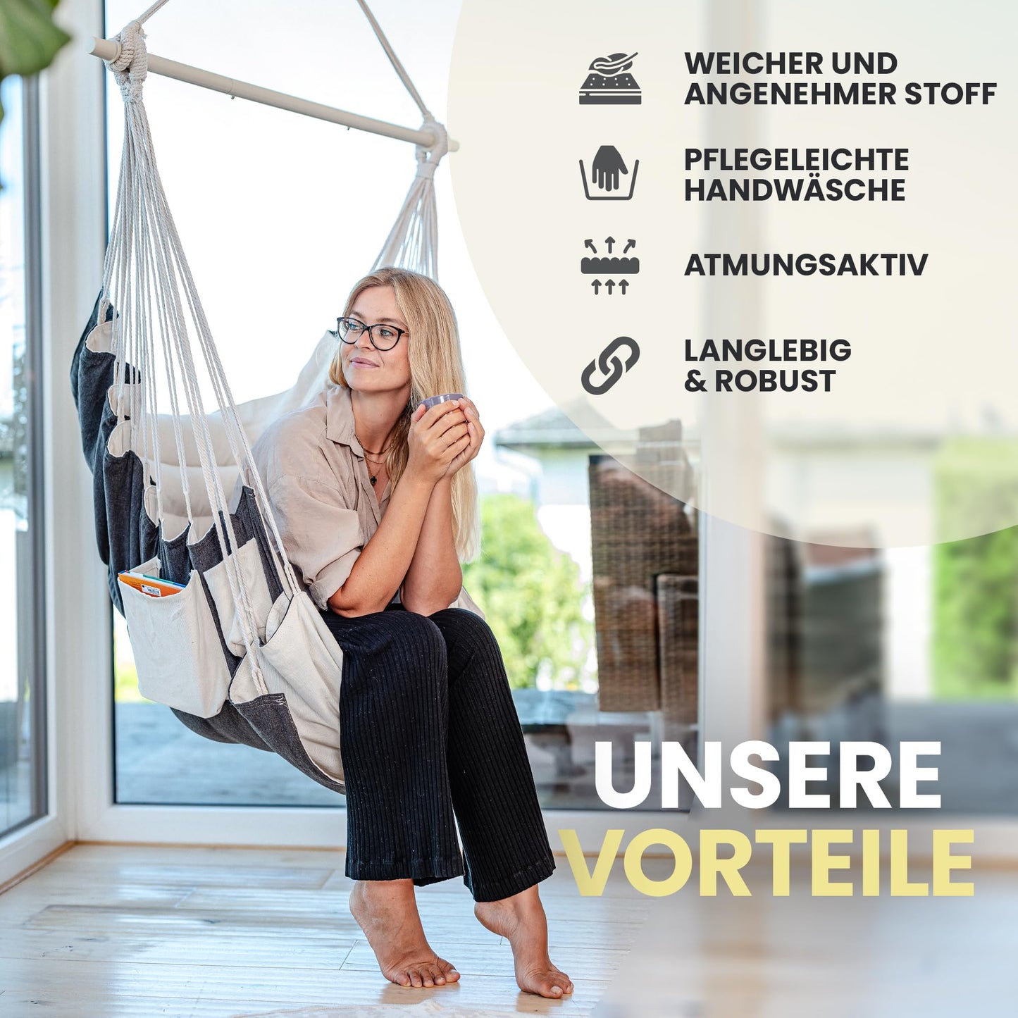 Rexo Hängesessel [Outdoor & Indoor] 120 Kg- Hängeschaukel, Hängestuhl XXL, Hängesitz, Hänge Sessel-Schaukel | Sitz-Hängematte für Balkon, Wohnzimmer, Garten, Deckenhöhe bis 3,1 Meter | Hanging Chair